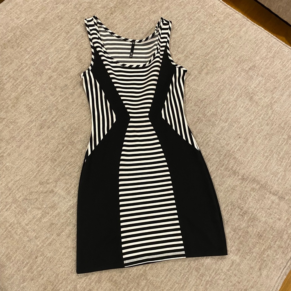 Black and white striped fitted dress